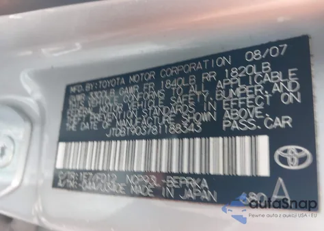 2008 Toyota Yaris z USA, uszkodzony, nr VIN JTDBT903781188343